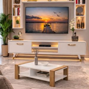 TABLE TELEVISEUR MFC13 BLANC TVB011 + TABLE BASSE MFC1013 TBBM003