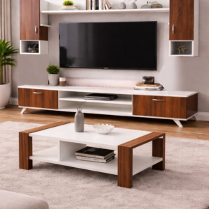 TABLE TELEVISEUR MARRON BLANC 160X40CM TV204+TABLE BASSE 120X60 204