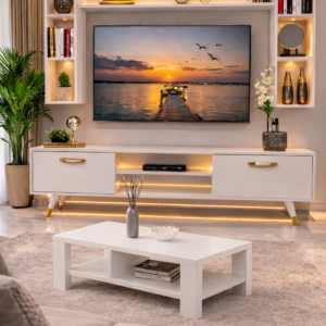 TABLE TELEVISEUR MFC1013 BLANC TVB011 + TABLE BASSE MFC1013
