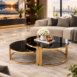 TABLE BASSE ENSEMBLE 2PIECES 80X60CM NOIR VERRE R04