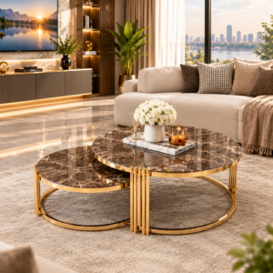 TABLE BASSE ENSEMBLE 2PIECES 80X60CM MARRON MARBRE R04