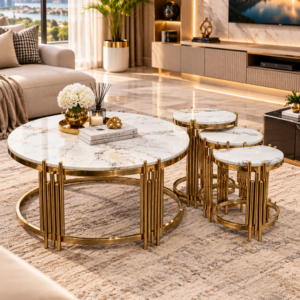 TABLE BASSE ENSEMBLE 4PIECES 90X90/50X50/45X45/40X40 NOIR BLANC MARBRE A03