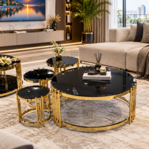 TABLE BASSE ENSEMBLE 4PIECES 90X90/50X50/45X45/40X40 NOIR MARBRE A03